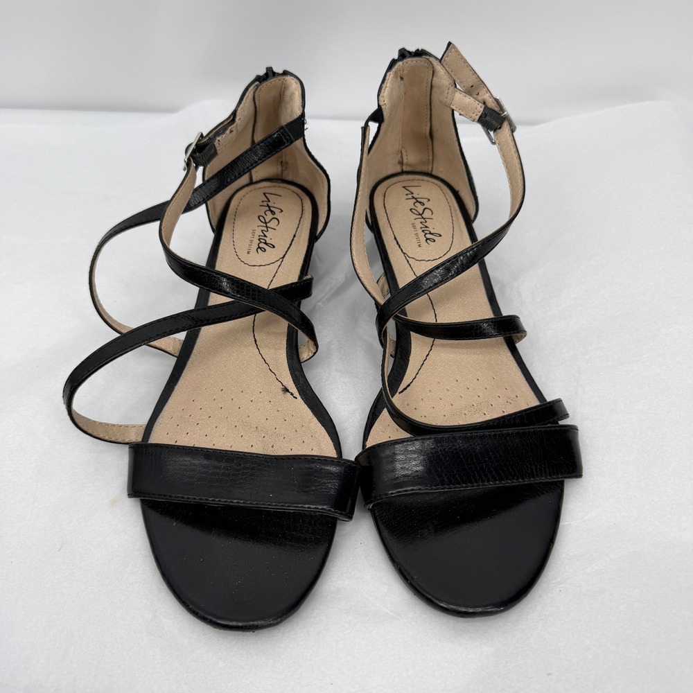 LifeStride Yolanda Wedge Sandals Gladiator Black Strappy Comfort Dressy Size 9W